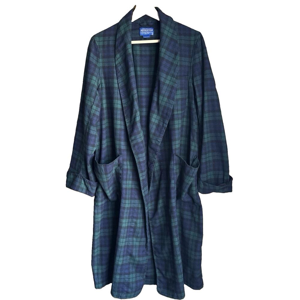 Vintage Pendleton Men’s Wool Blackwatch Tartan Plaid Robe Blue Green S **FLAWS